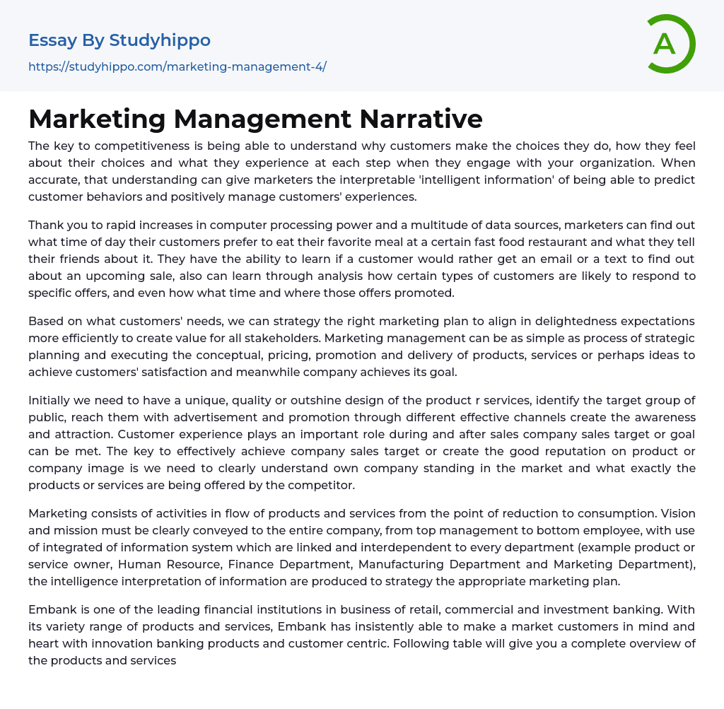 Marketing Management Narrative Essay Example