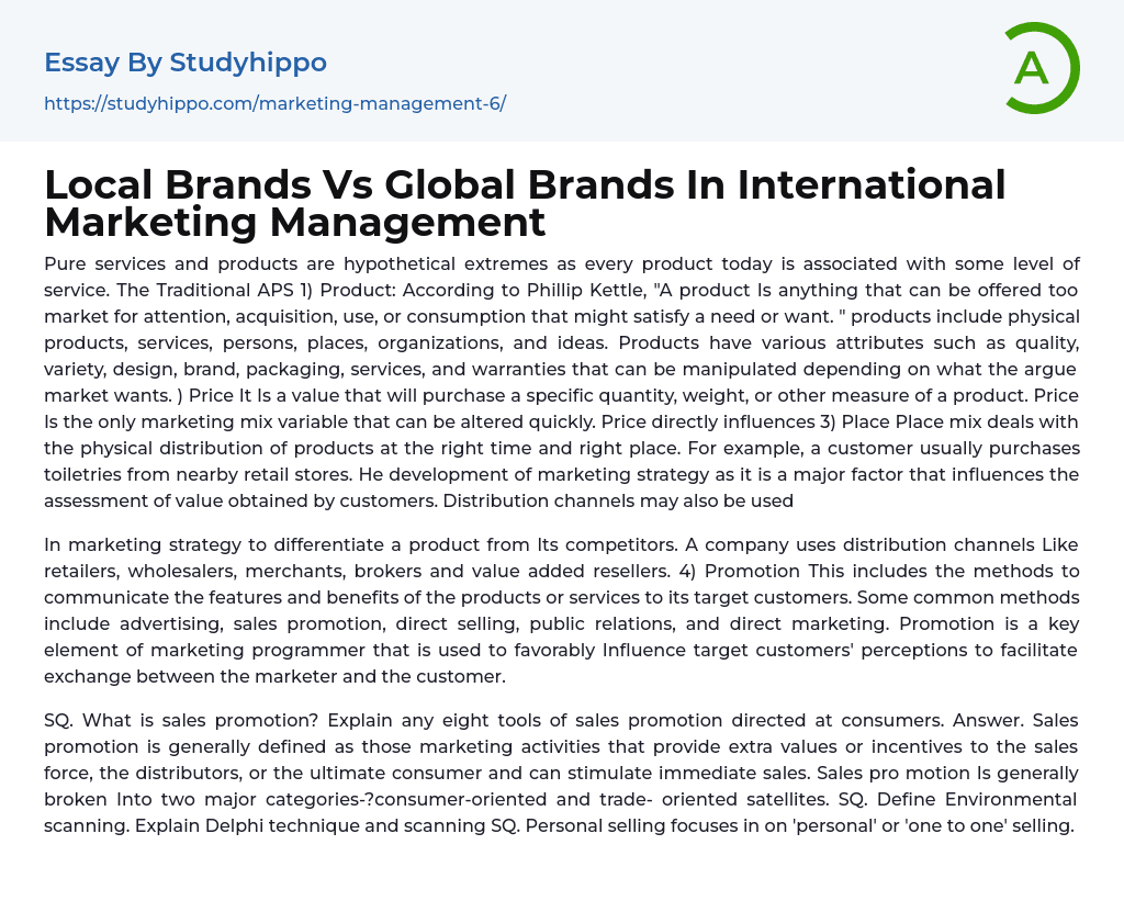 Local Brands Vs Global Brands In International Marketing Management Essay Example