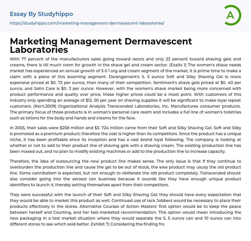 Marketing Management Dermavescent Laboratories Essay Example
