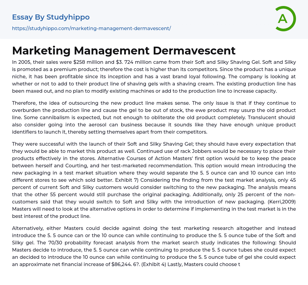 Marketing Management Dermavescent Essay Example