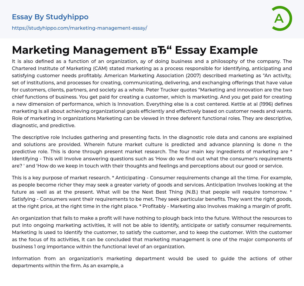 Marketing Management Essay Example