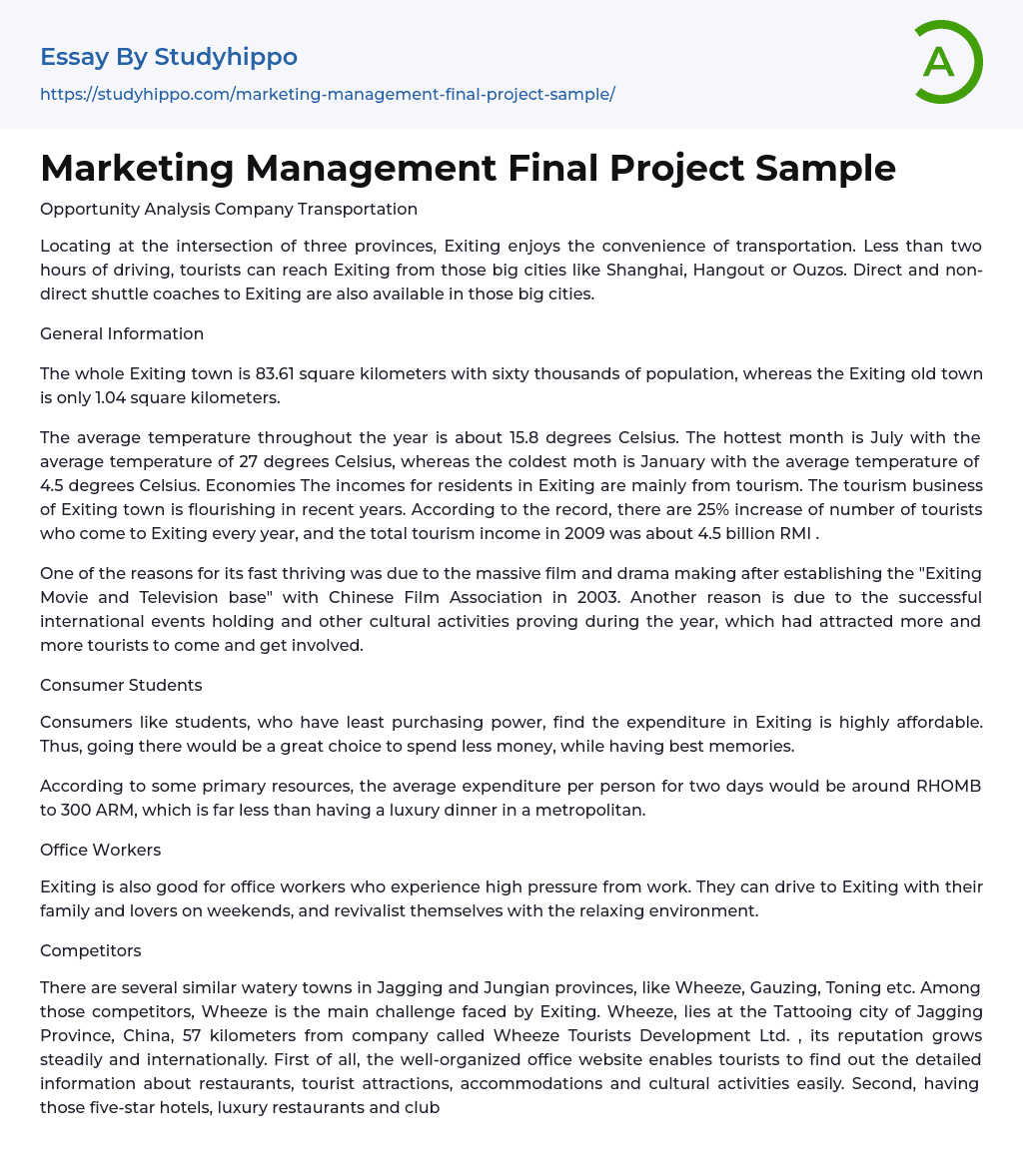 Marketing Management Final Project Sample Essay Example