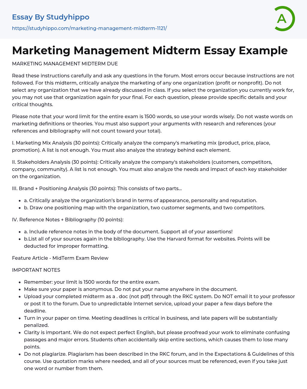 Marketing Management Midterm Essay Example