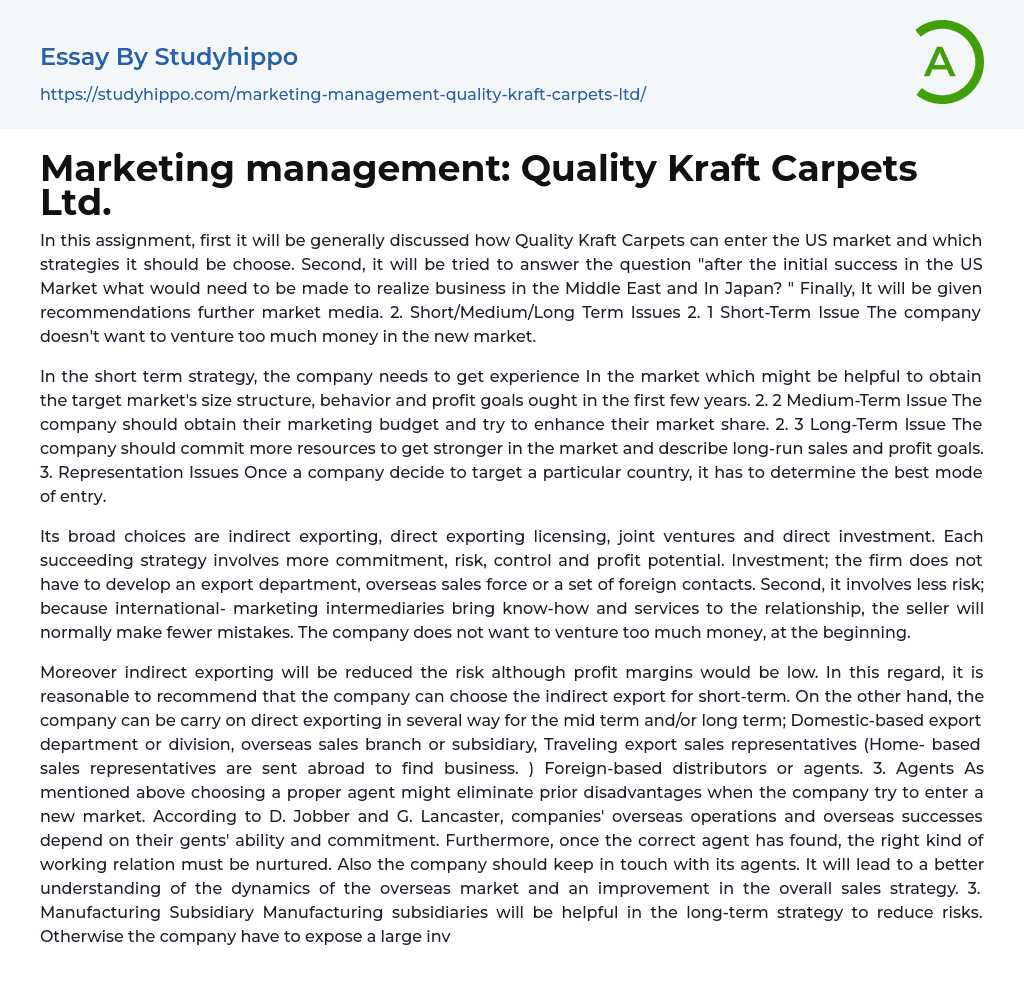 Marketing management: Quality Kraft Carpets Ltd. Essay Example