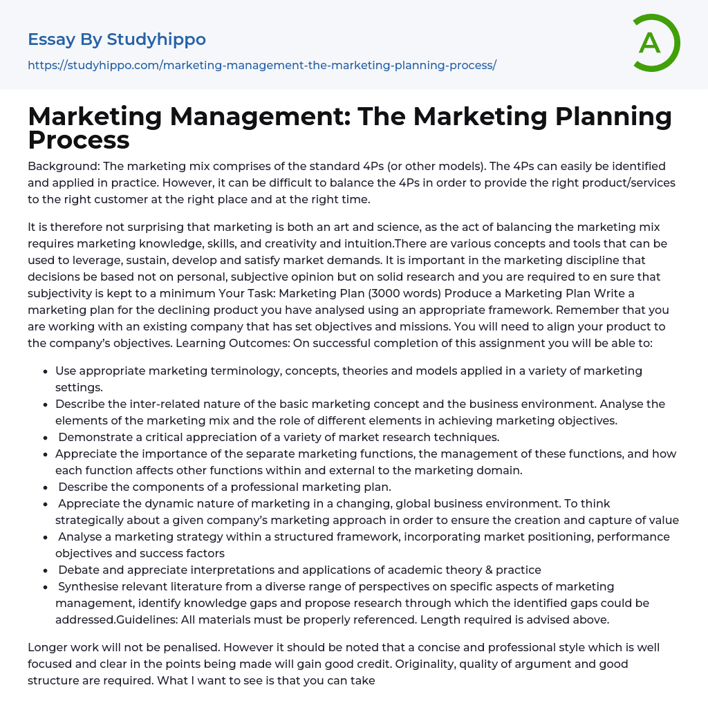 Marketing Management: The Marketing Planning Process Essay Example