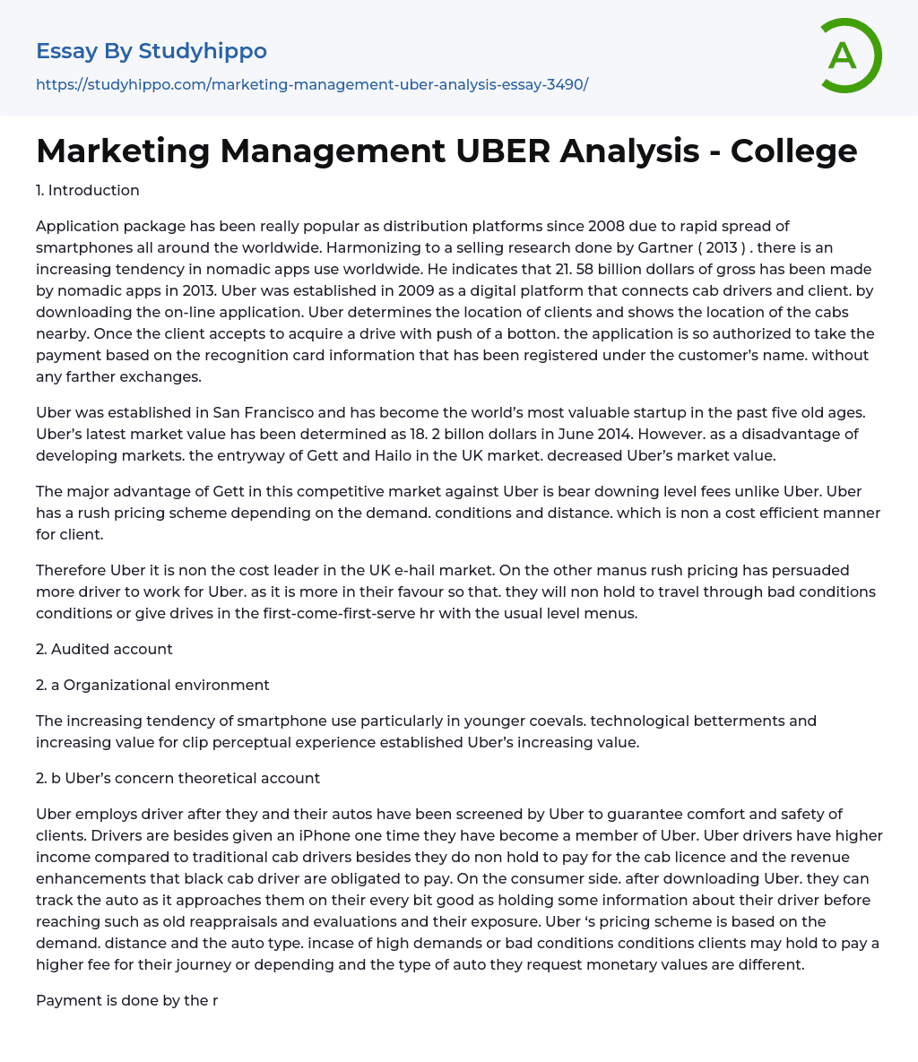 Marketing Management UBER Analysis – College Essay Example