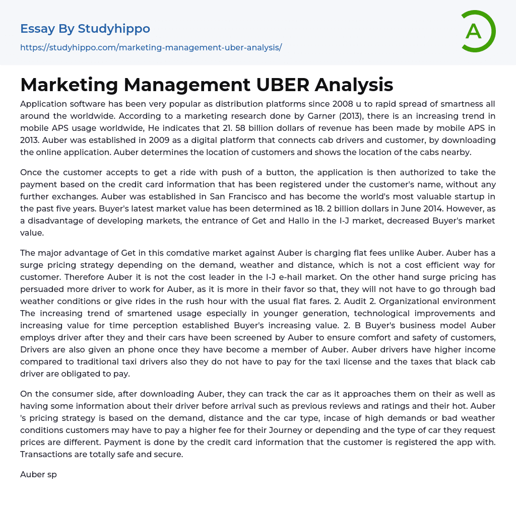 Marketing Management UBER Analysis Essay Example