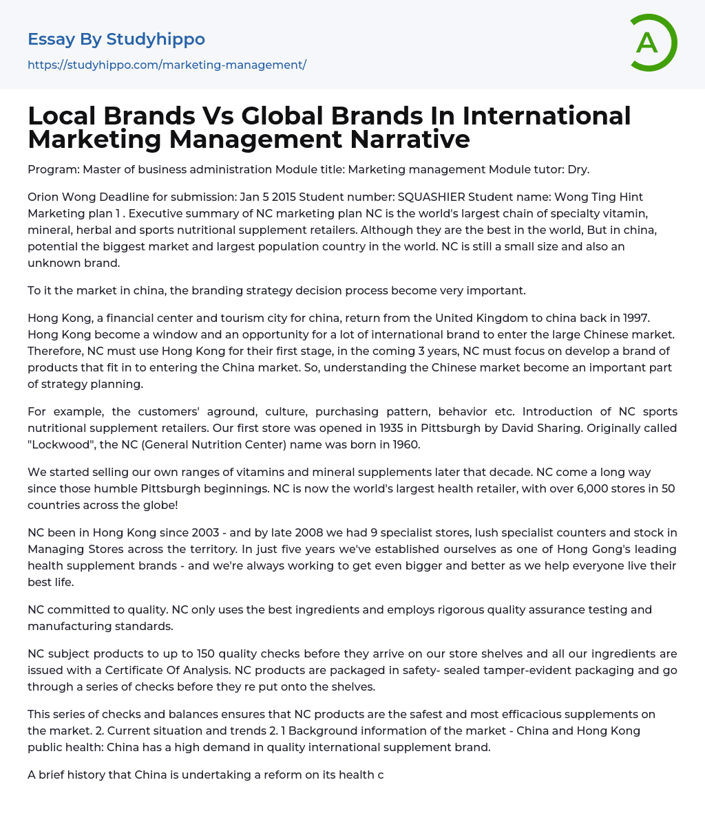 Local Brands Vs Global Brands In International Marketing Management Narrative Essay Example