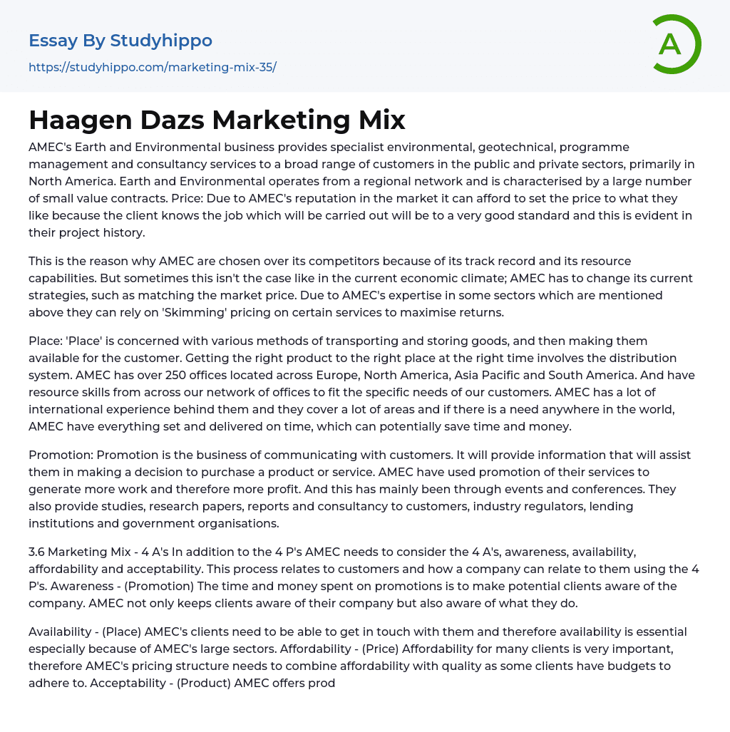 Haagen Dazs Marketing Mix Essay Example