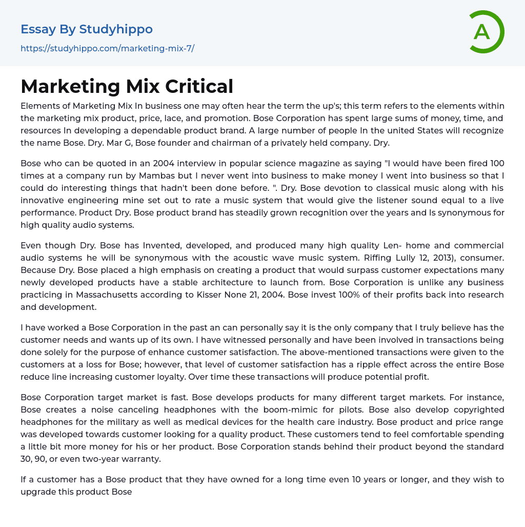 Marketing Mix Critical Essay Example