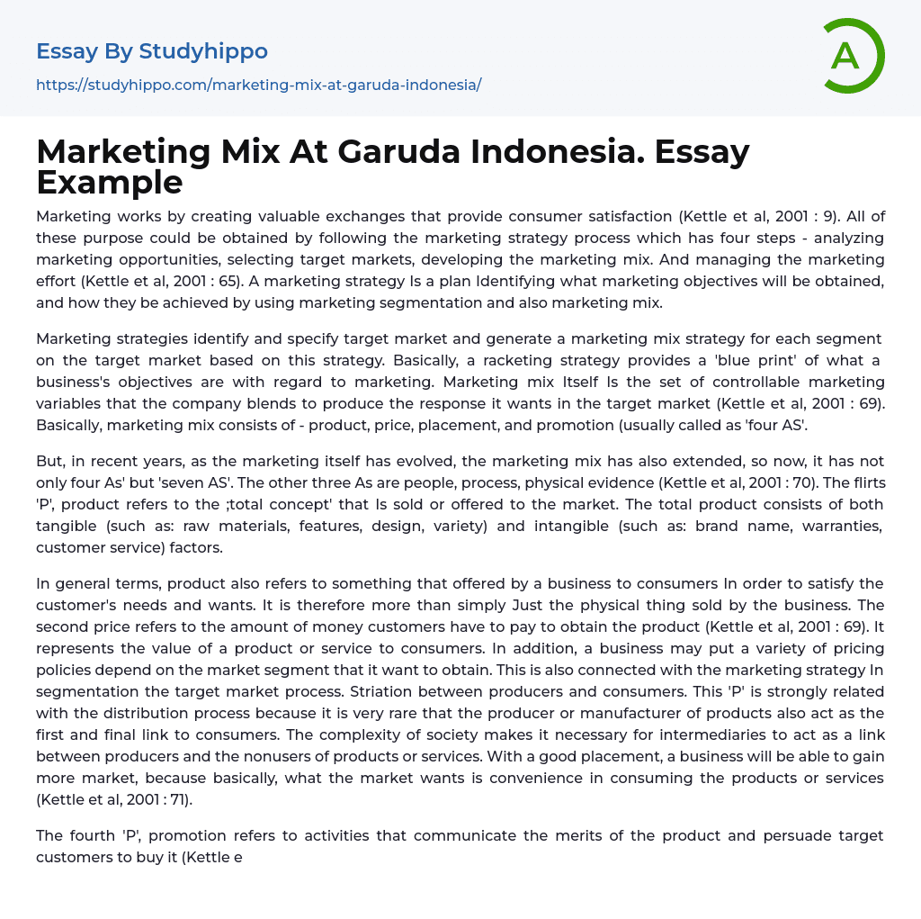 Marketing Mix At Garuda Indonesia. Essay Example
