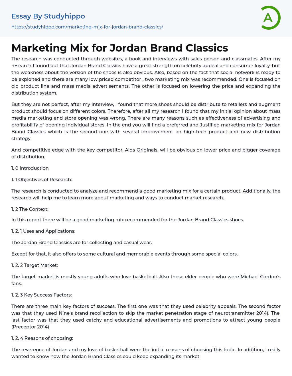 Marketing Mix for Jordan Brand Classics Essay Example