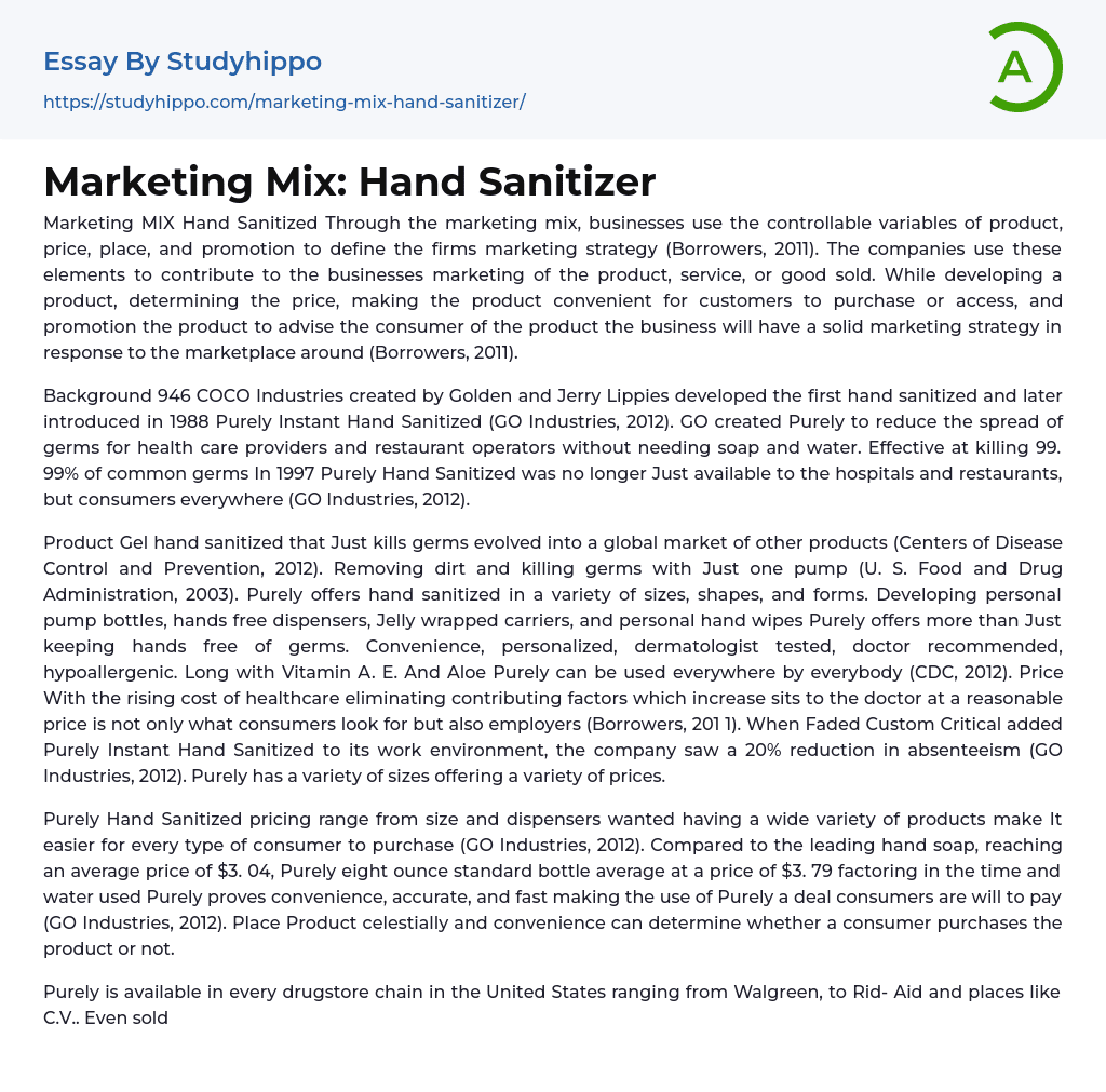 Marketing Mix: Hand Sanitizer Essay Example