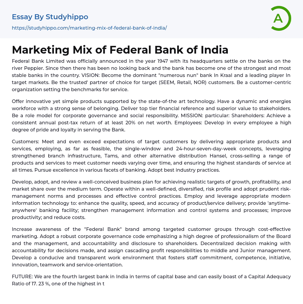 Marketing Mix of Federal Bank of India Essay Example