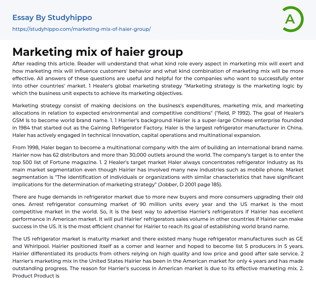 Marketing mix of haier group Essay Example