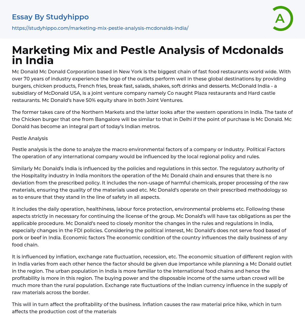 Marketing Mix and Pestle Analysis of Mcdonalds in India Essay Example