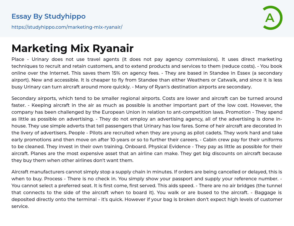 Marketing Mix Ryanair Essay Example