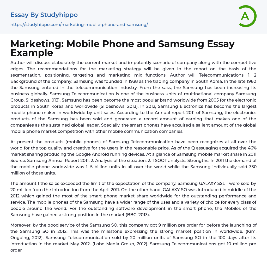 Marketing: Mobile Phone and Samsung Essay Example