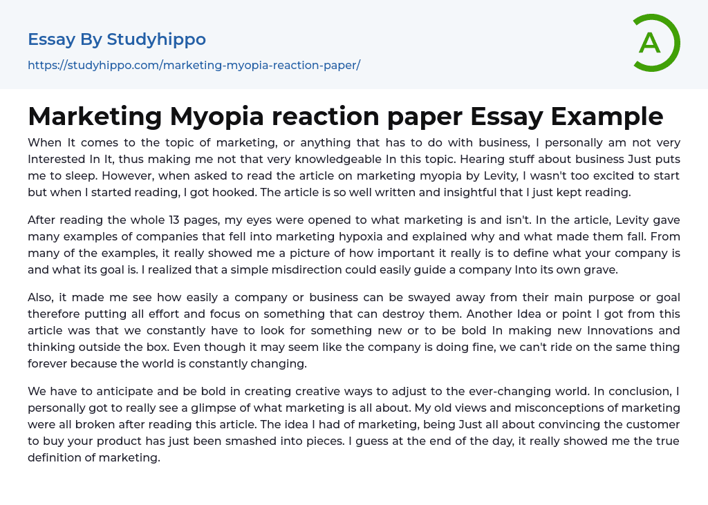 Marketing Myopia reaction paper Essay Example