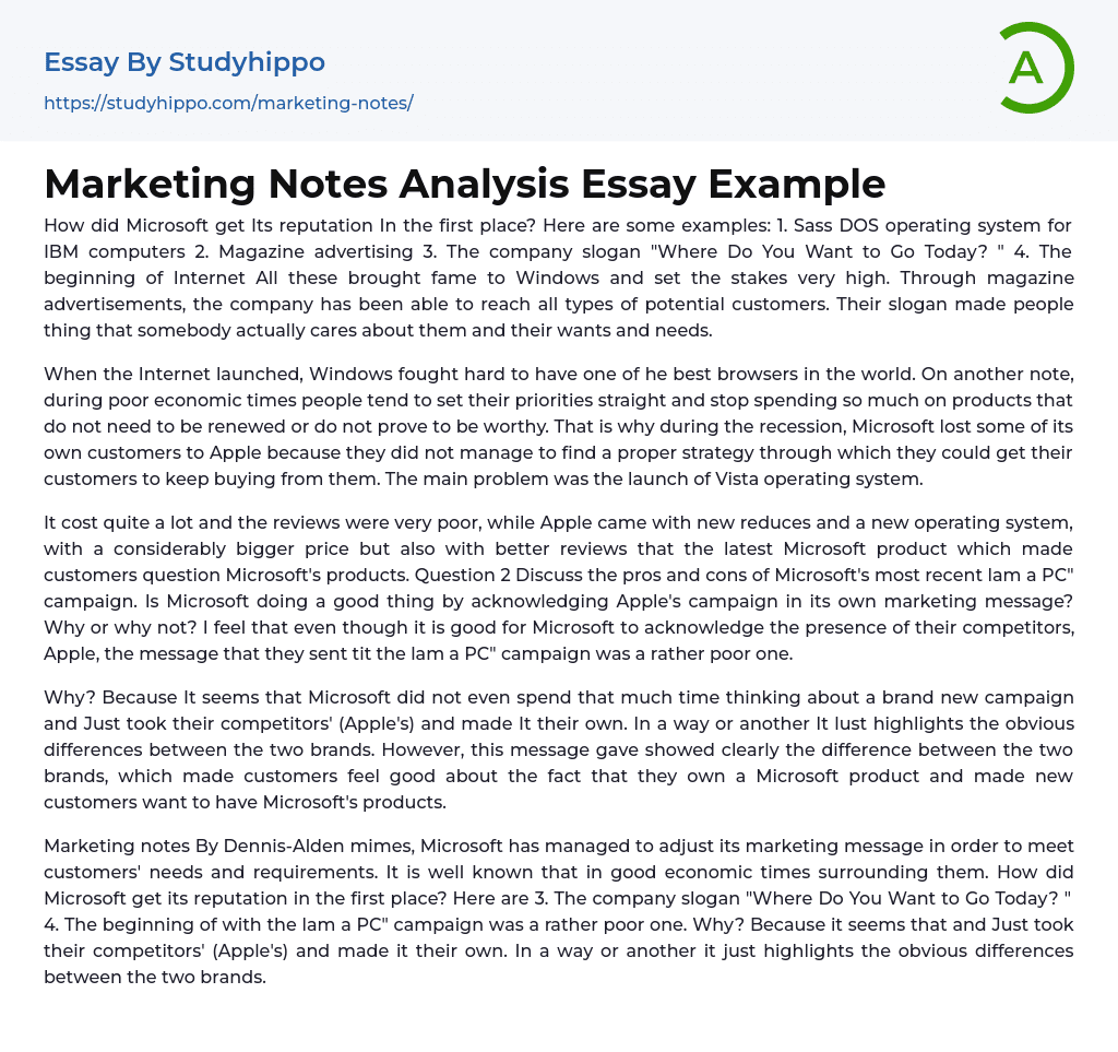 Marketing Notes Analysis Essay Example