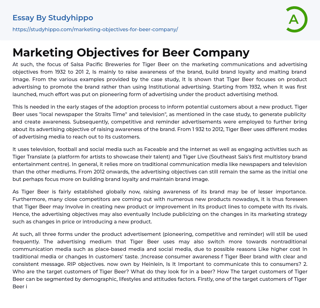 Marketing Objectives for Beer Company Essay Example
