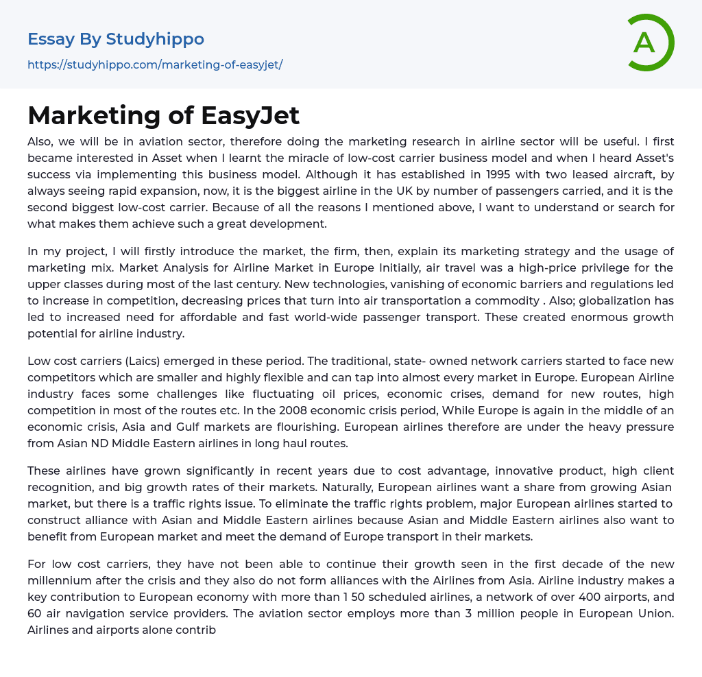 Marketing of EasyJet Essay Example