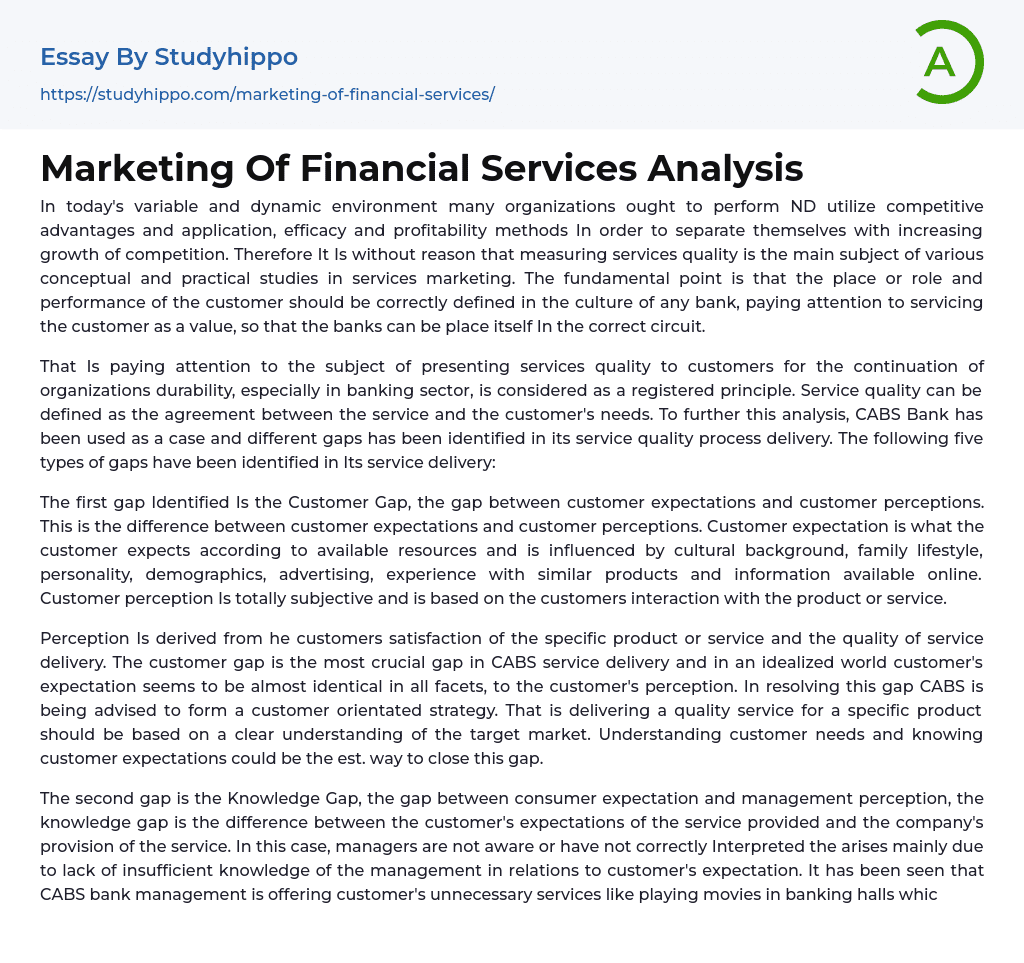 Marketing Of Financial Services Analysis Essay Example