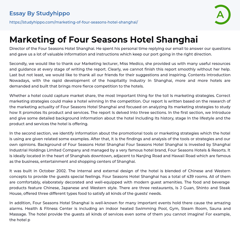 Marketing of Four Seasons Hotel Shanghai Essay Example