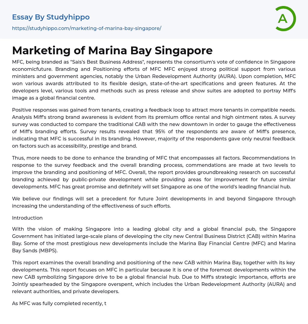 Marketing of Marina Bay Singapore Essay Example