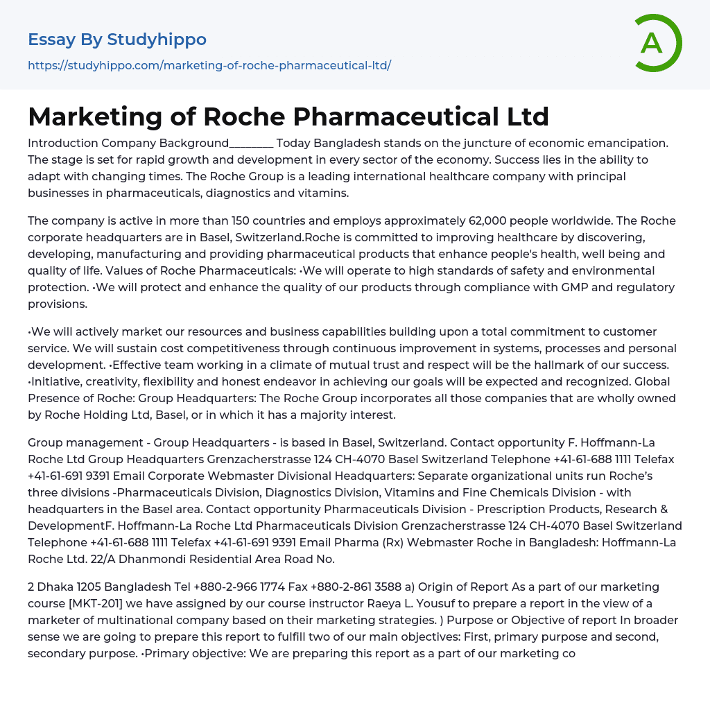 Marketing of Roche Pharmaceutical Ltd Essay Example