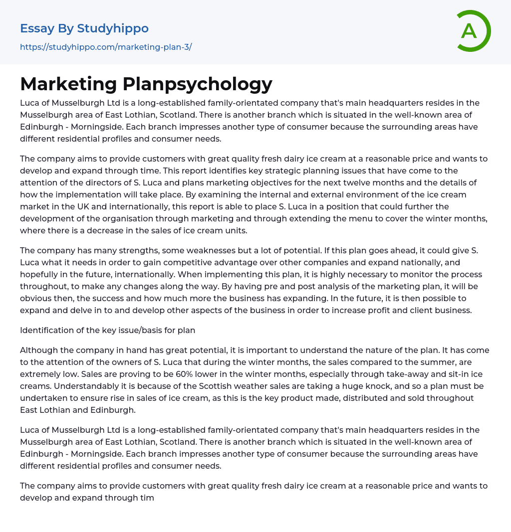 Marketing Planpsychology Essay Example