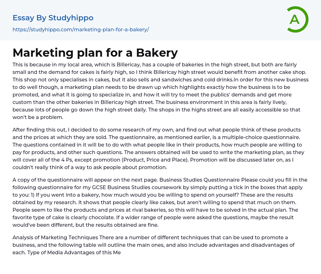 Marketing plan for a Bakery Essay Example