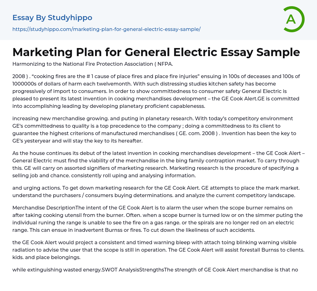 Marketing Plan for General Electric Essay Sample