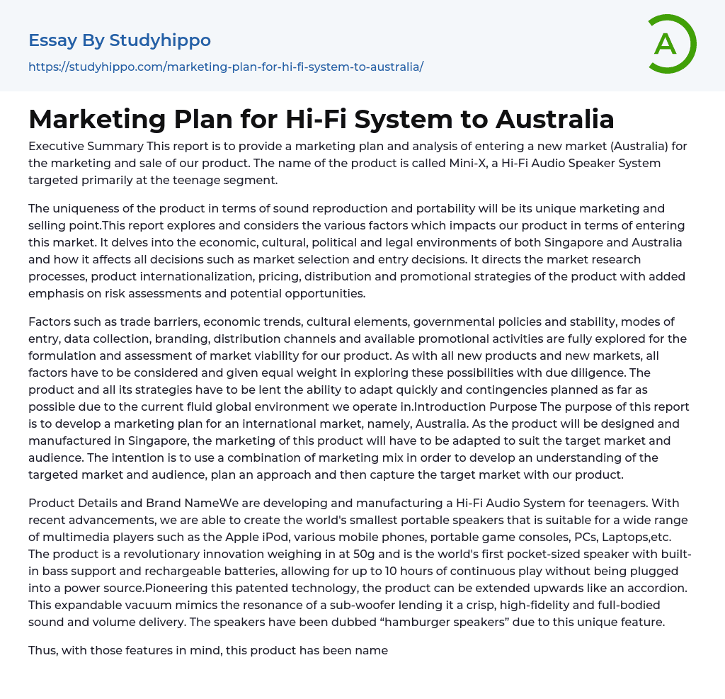 Marketing Plan for Hi-Fi System to Australia Essay Example