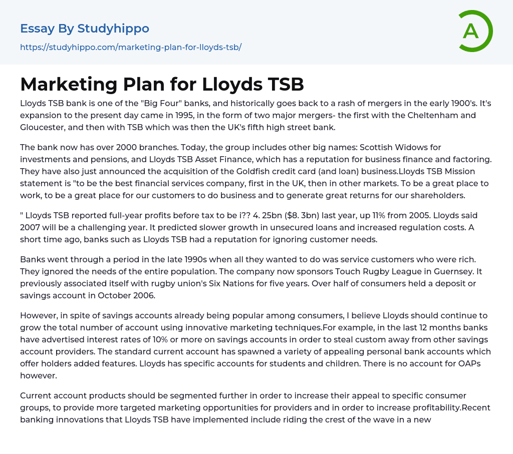 Marketing Plan for Lloyds TSB Essay Example