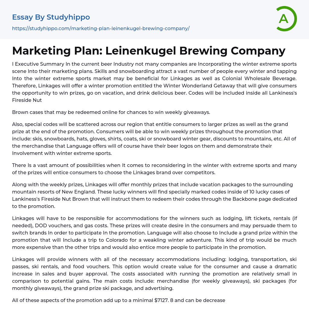 Marketing Plan: Leinenkugel Brewing Company Essay Example