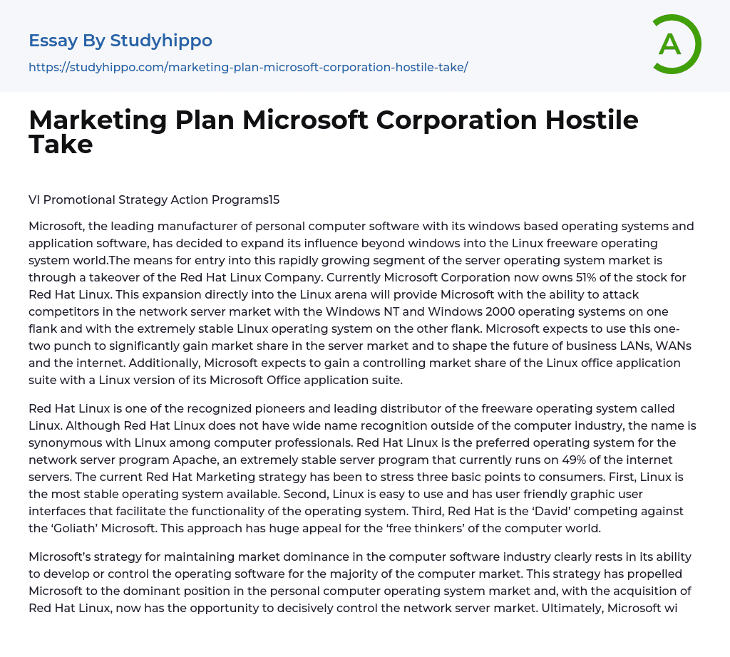 Marketing Plan Microsoft Corporation Hostile Take Essay Example