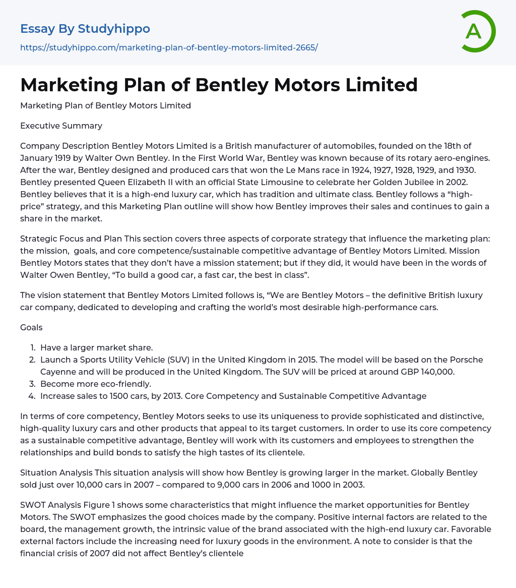 Marketing Plan of Bentley Motors Limited Essay Example