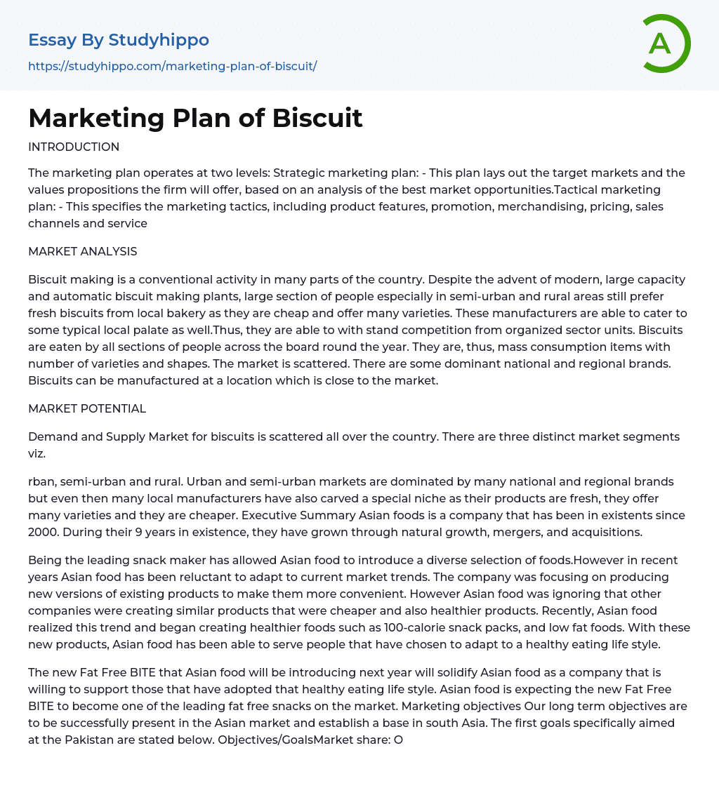Marketing Plan of Biscuit Essay Example