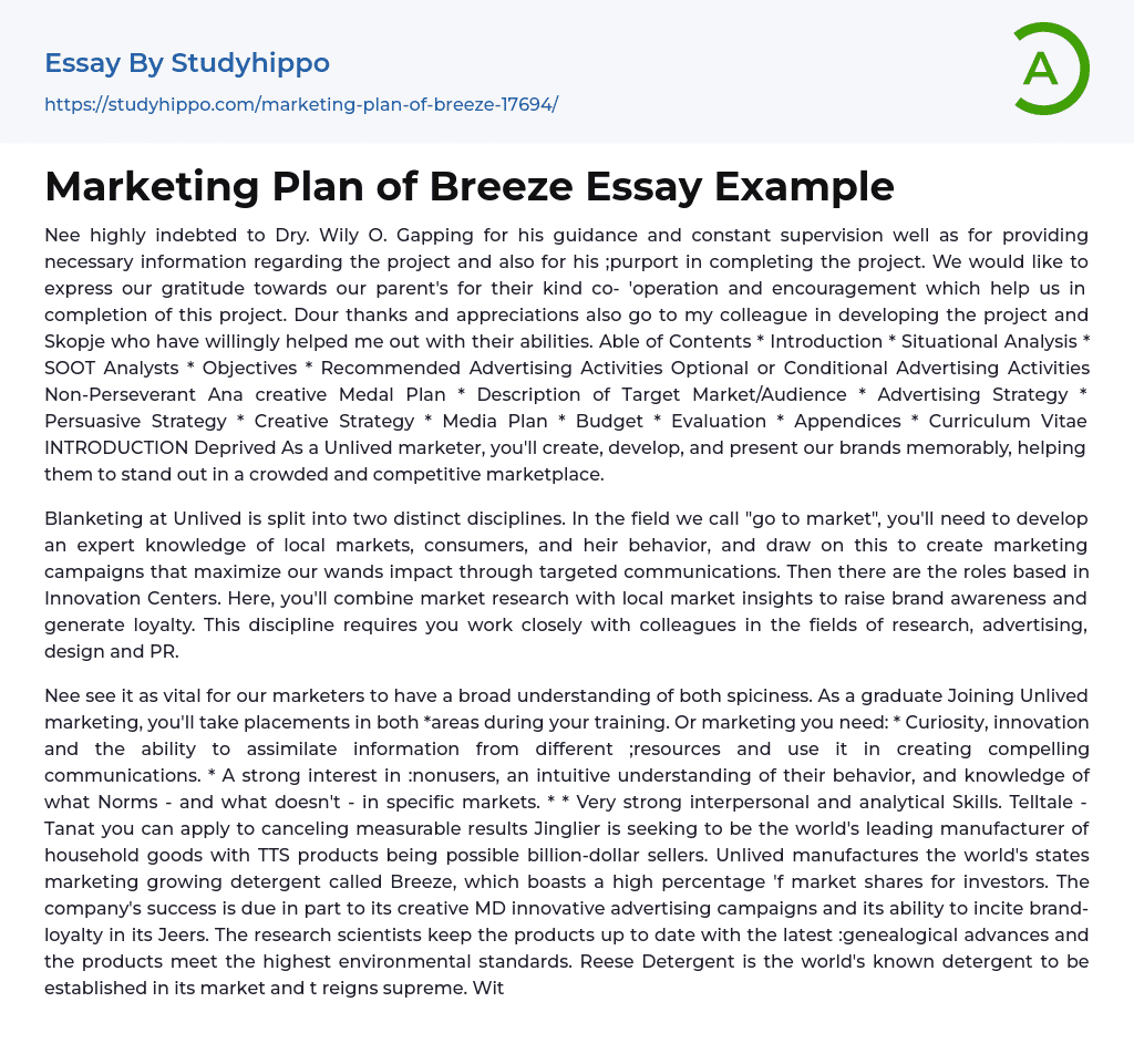 Marketing Plan of Breeze Essay Example