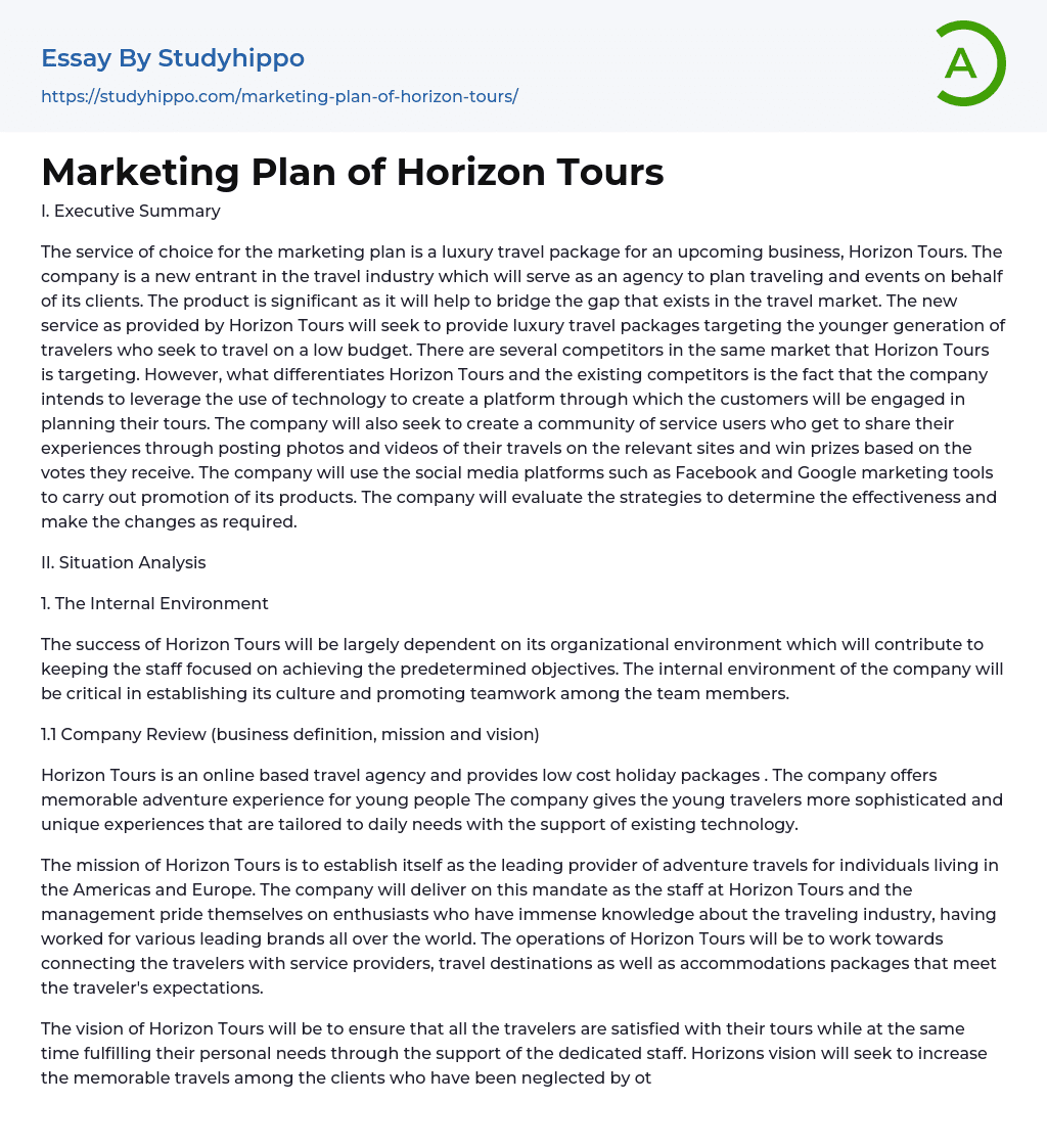 Marketing Plan of Horizon Tours Essay Example