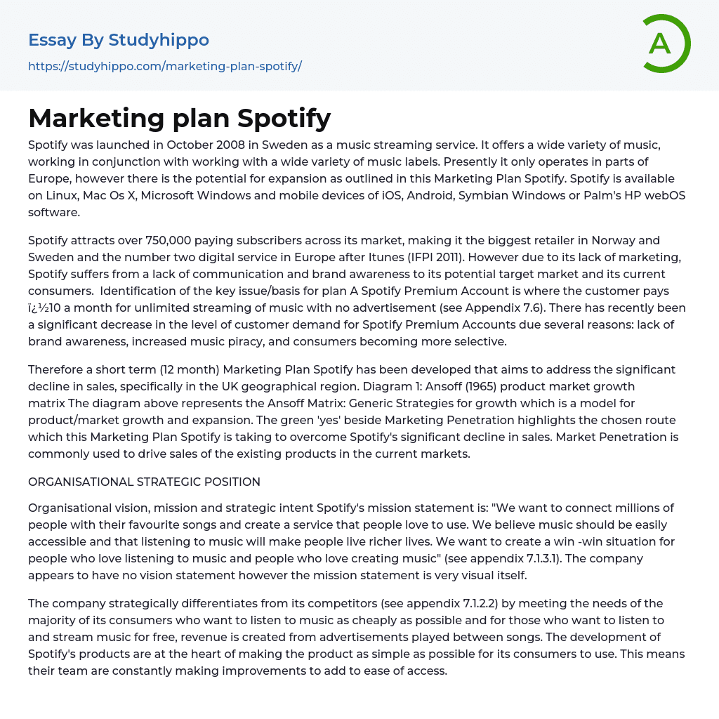Marketing plan Spotify Essay Example