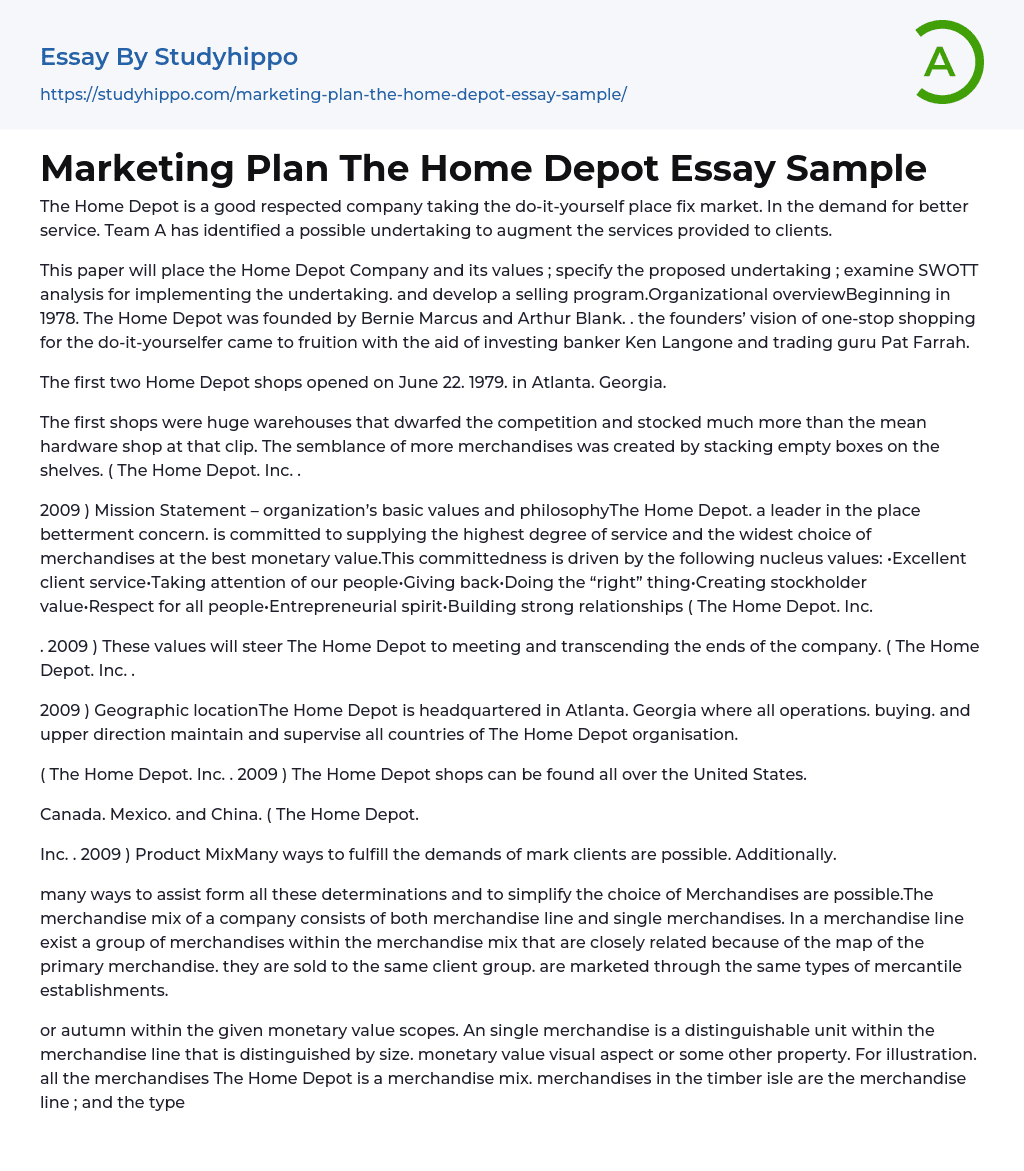Marketing Plan The Home Depot Essay Sample