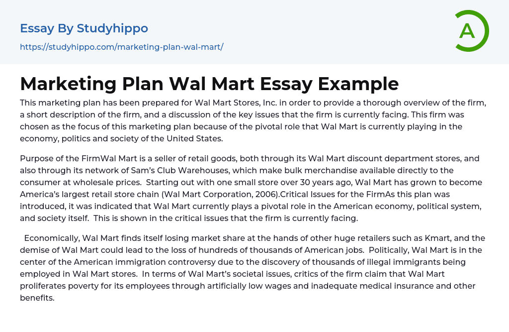 Marketing Plan Wal Mart Essay Example
