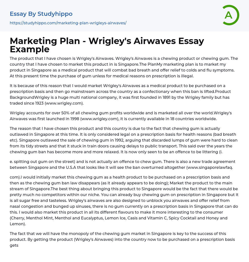 Marketing Plan – Wrigley’s Airwaves Essay Example