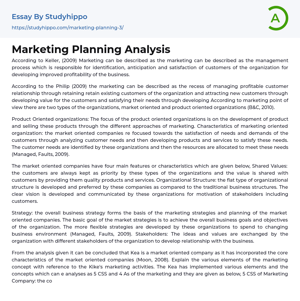 Marketing Planning Analysis Essay Example
