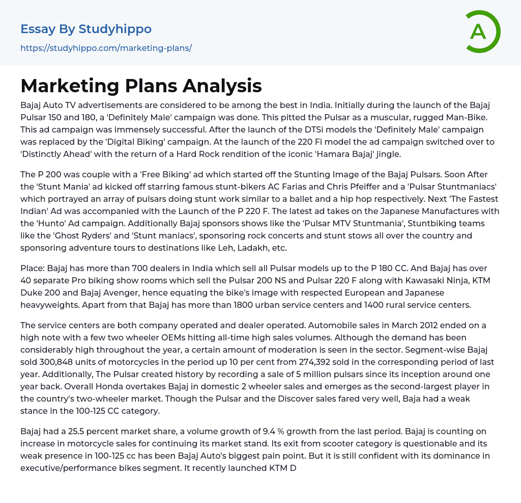 Marketing Plans Analysis Essay Example
