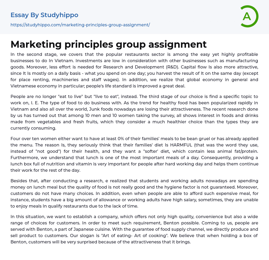Marketing principles group assignment Essay Example