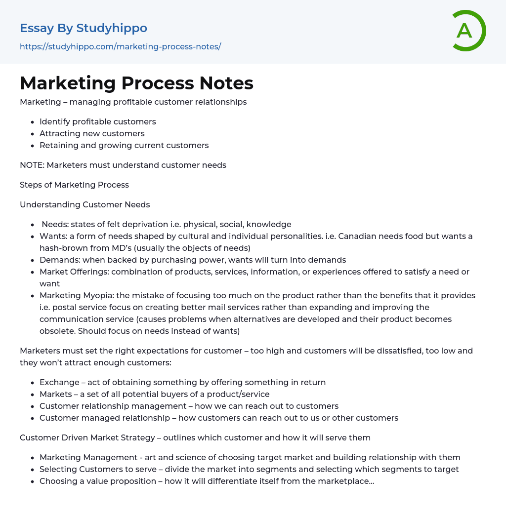Marketing Process Notes Essay Example