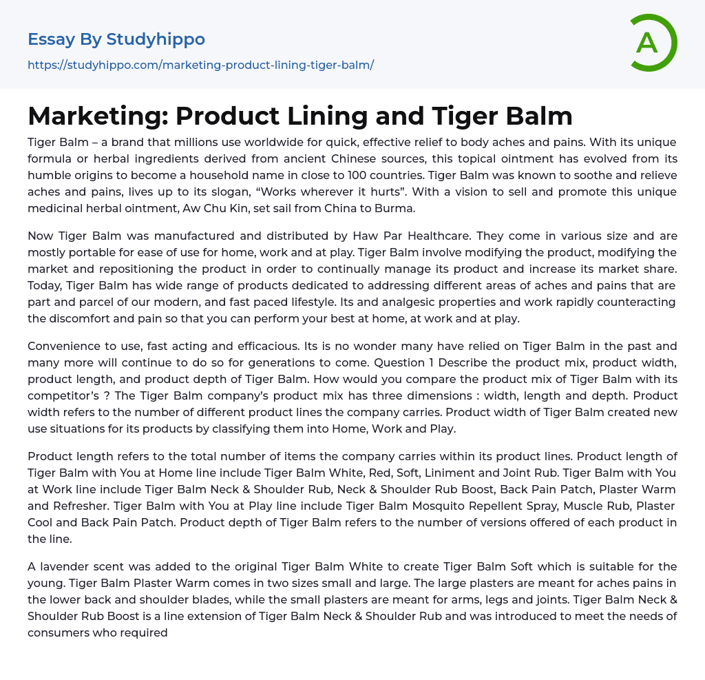 Marketing: Product Lining and Tiger Balm Essay Example